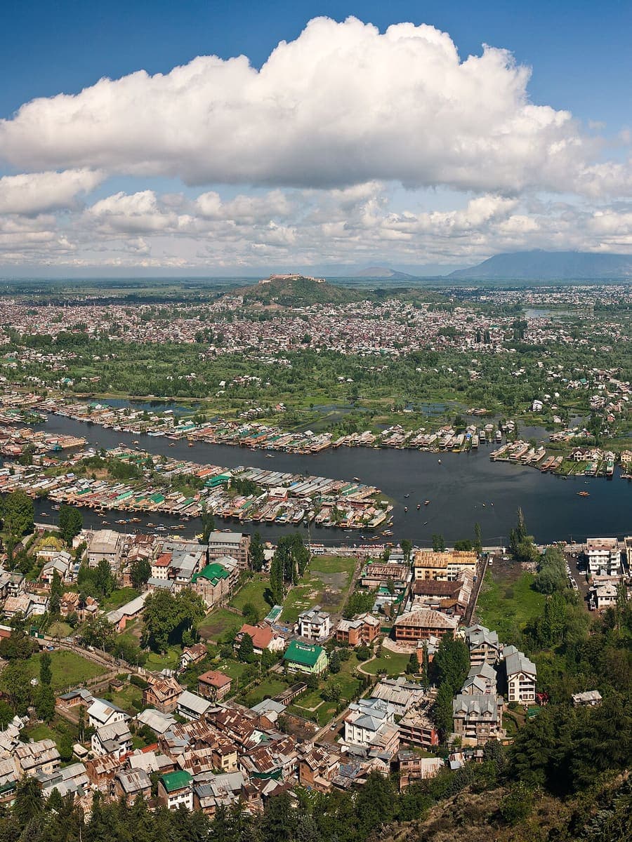 An aerial view of Srinagar and the waterways of Dal Lake