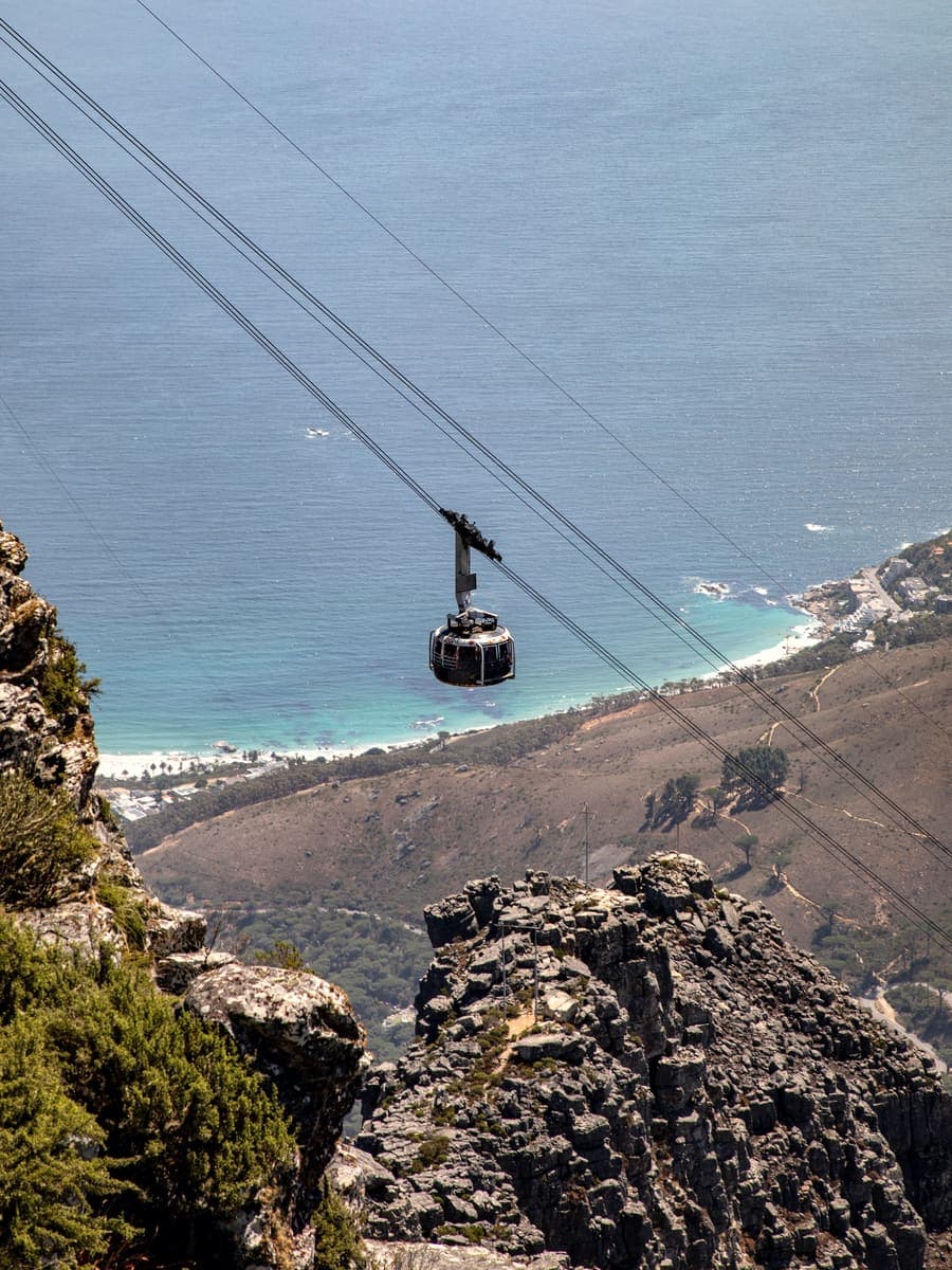 The Table Mountain cable car above the coast of Cape Town