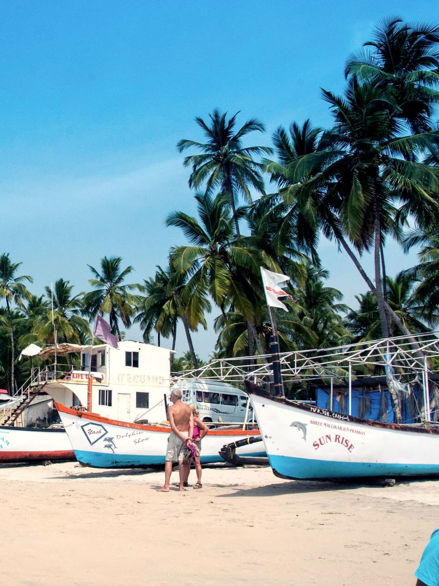 Fishing boats and palm trees on Palolem beach, Goa